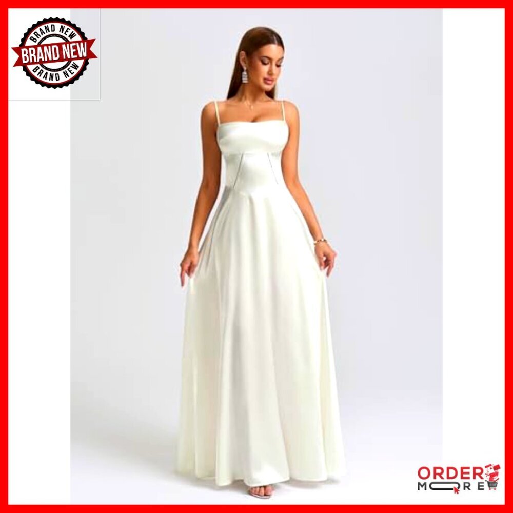 Satin Maxi Dress Elegant Formal Evening Gown Lace Up Corset Backless - Picture 2 of 6